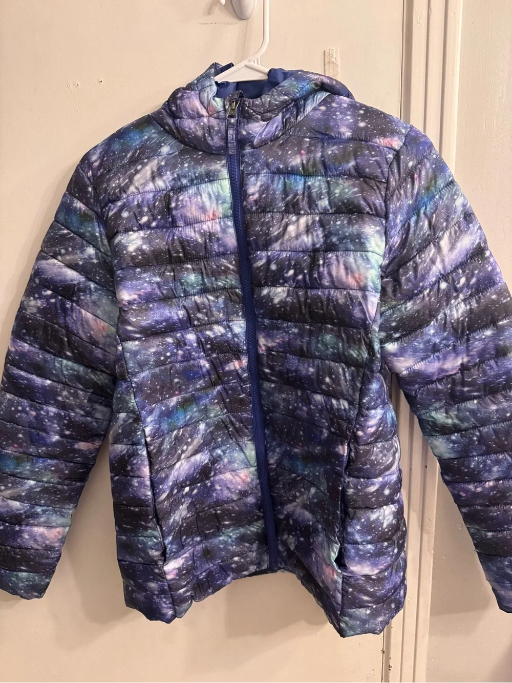Lands' End Girls' Galaxy Print Puffer Jacket - Purple Blue